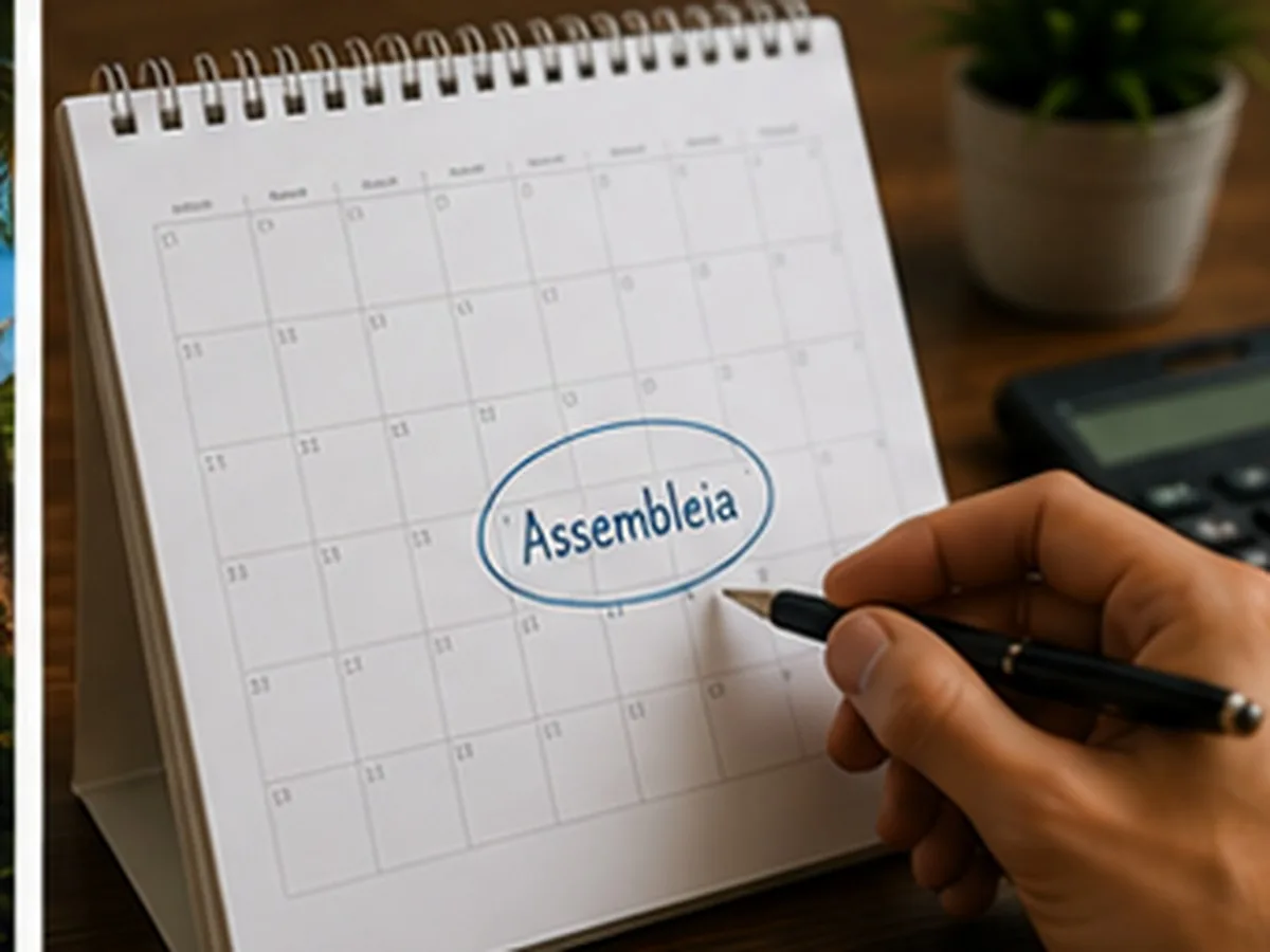 Sorteio do consórcio | Consórcios Campo Grande Mão com caneta circulando a palavra assembleia num calendário de mesa, com calculadora e planta ao fundo
