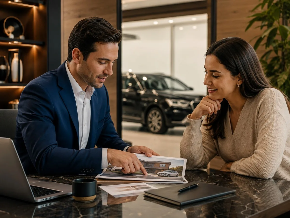 Consórcio XRE 190 em Campo Grande MS | Consórcios Campo Grande Consultor de terno mostra material impresso a uma cliente sorridente em mesa de mármore, com SUV preto exposto ao fundo em salão de vendas