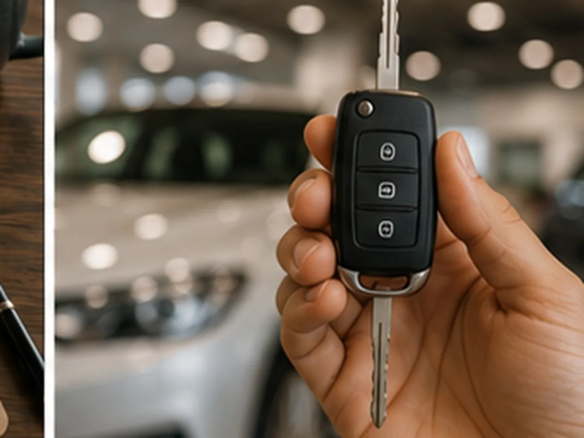 Consórcio Caixa veículos em Campo Grande MS | Consórcios Campo Grande Mão segurando a chave de um carro, com veículo branco desfocado ao fundo em um showroom iluminado