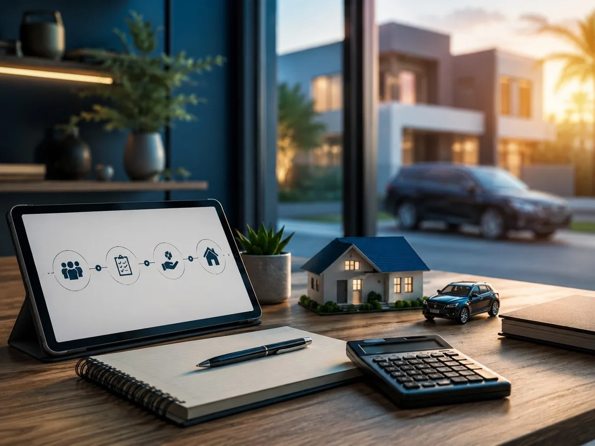 Como funciona o consórcio | Consórcios Campo Grande Tablet com ícones de grupo, contrato e casa sobre a mesa, com miniaturas de casa e carro, calculadora e casas com SUV ao fundo