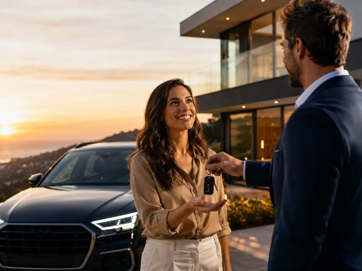Lance livre no consórcio | Consórcios Campo Grande Mulher sorridente recebe a chave de um carro preto de um homem de terno, diante de uma casa moderna ao entardecer