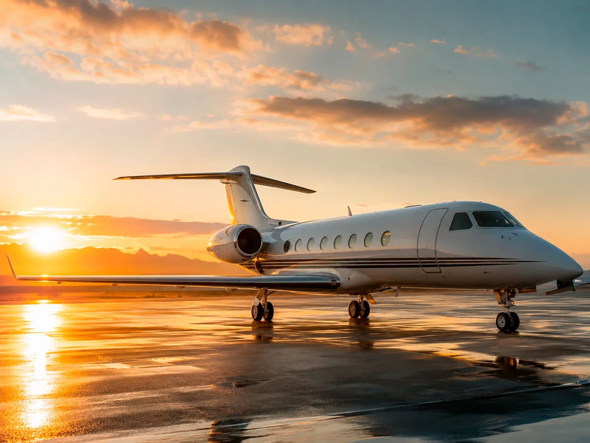 Jato executivo estacionado na pista ao pôr do sol: Consórcio de Aeronaves, em Campo Grande e Mato Grosso do Sul