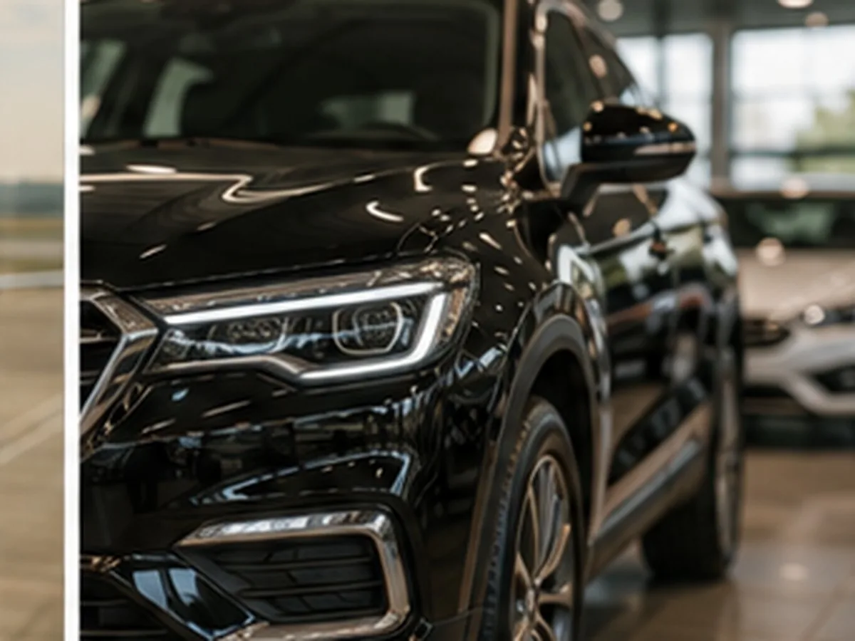 Consórcio BYD em Campo Grande MS | Consórcios Campo Grande Frente de um SUV preto com faróis de LED em showroom, com outros carros desfocados ao fundo