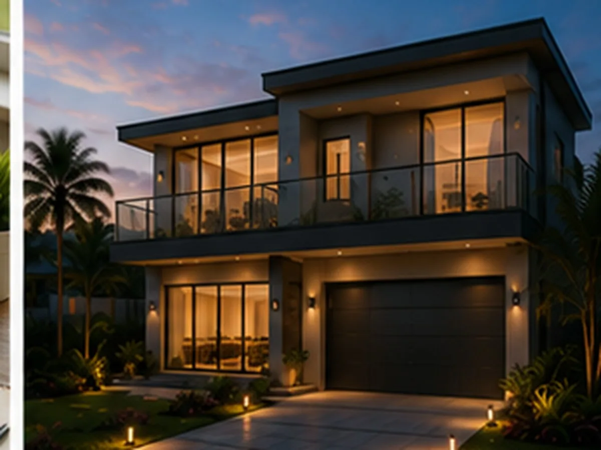 Consórcio imóvel Caixa em Campo Grande MS | Consórcios Campo Grande Casa moderna de dois pavimentos com varanda envidraçada, garagem e jardim iluminado ao entardecer, representando imóvel comprado com carta de consórcio