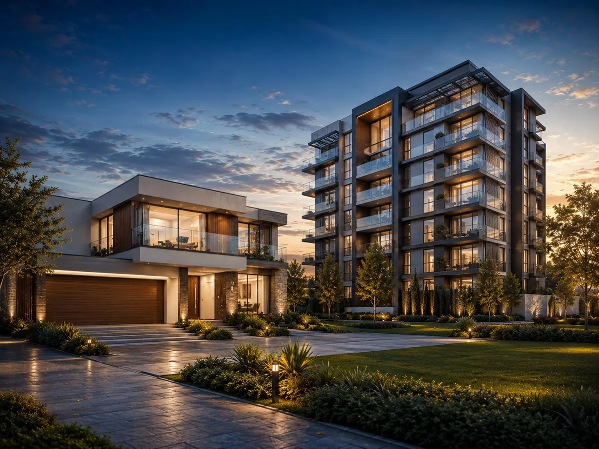 Casa moderna ao entardecer, simulação de financiamento imobiliário e consórcio em Campo Grande