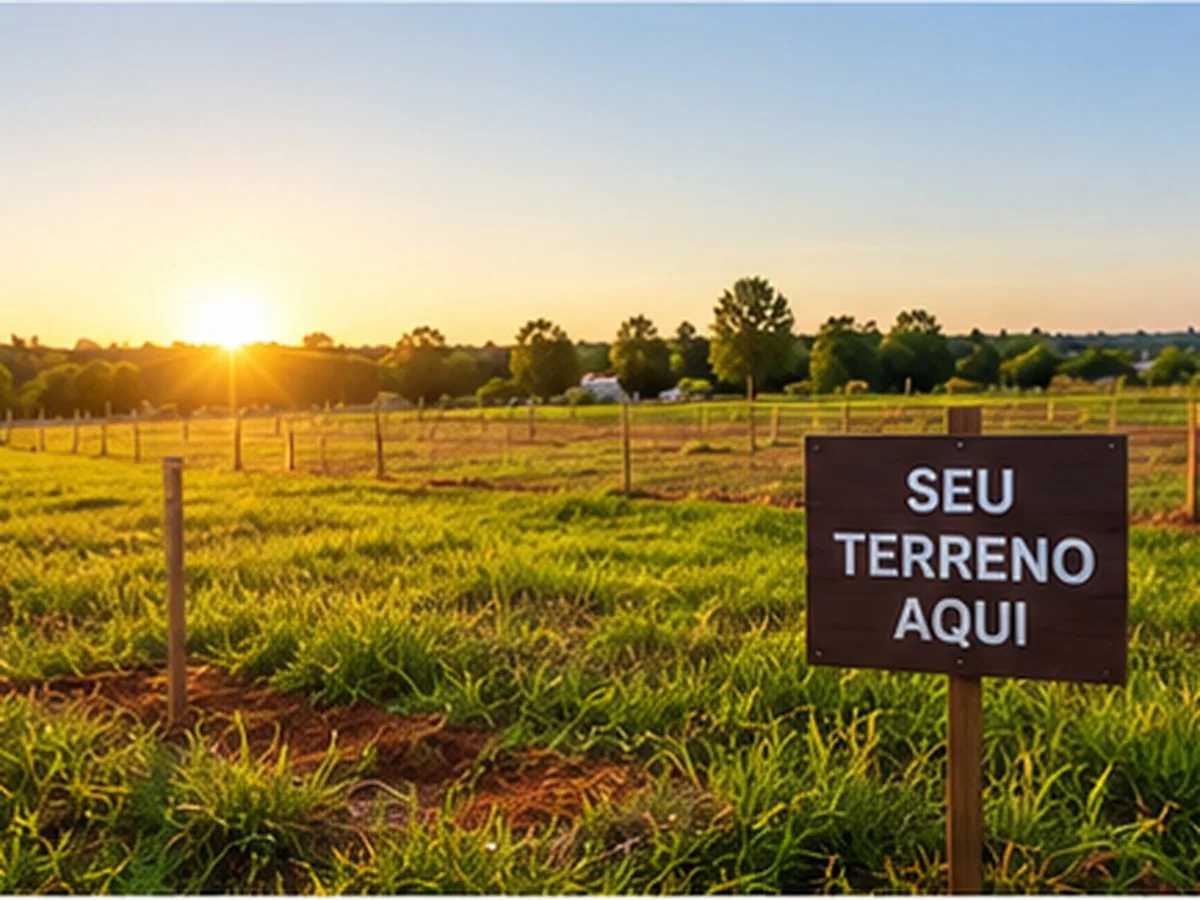 FGTS no consórcio de terreno | Consórcios Campo Grande Terreno gramado com cerca de arame e placa escrita Seu terreno aqui, ao nascer do sol