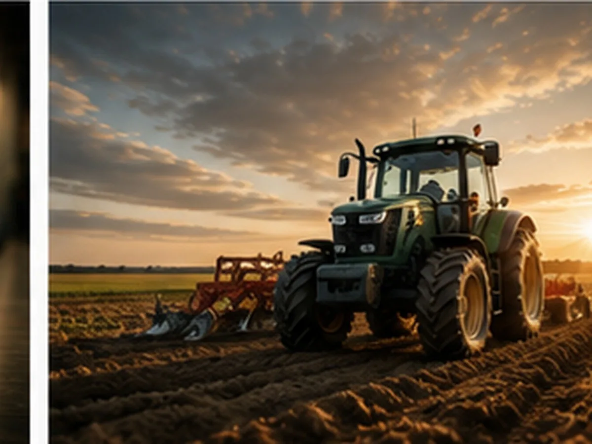 maquinário agrícola de grande porte em área de plantio, representando o consórcio de plantadeira