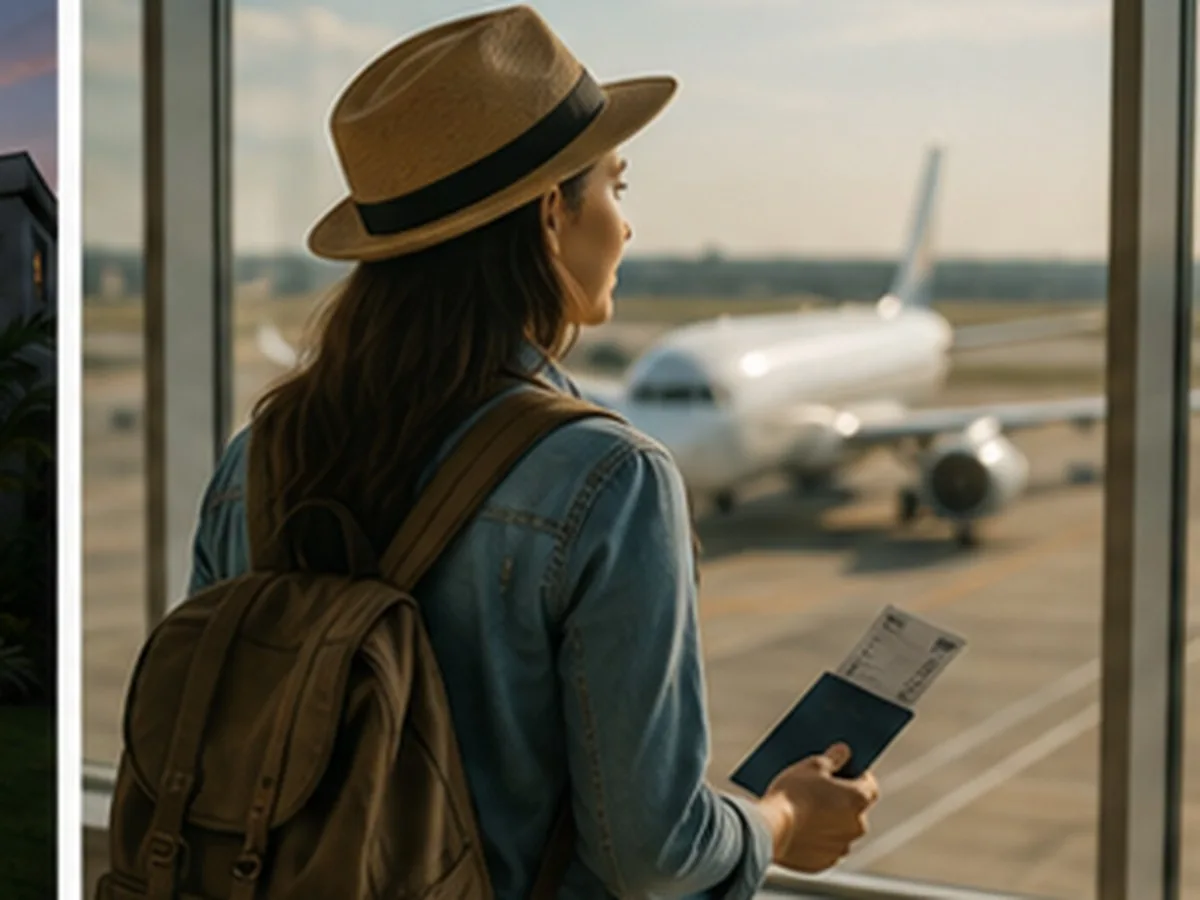 Consórcio para brasileiro no exterior | Consórcios Campo Grande Mulher de chapéu e mochila segurando passaporte e cartão de embarque diante da janela de um aeroporto com avião na pista