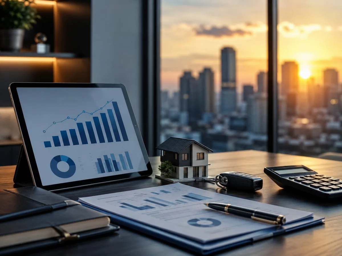 Consórcio da Caixa vale a pena? Análise para Campo Grande MS | Consórcios Campo Grande Tablet com gráficos, calculadora, miniatura de casa e chave sobre mesa de escritório, com prédios da cidade ao pôr do sol pela janela