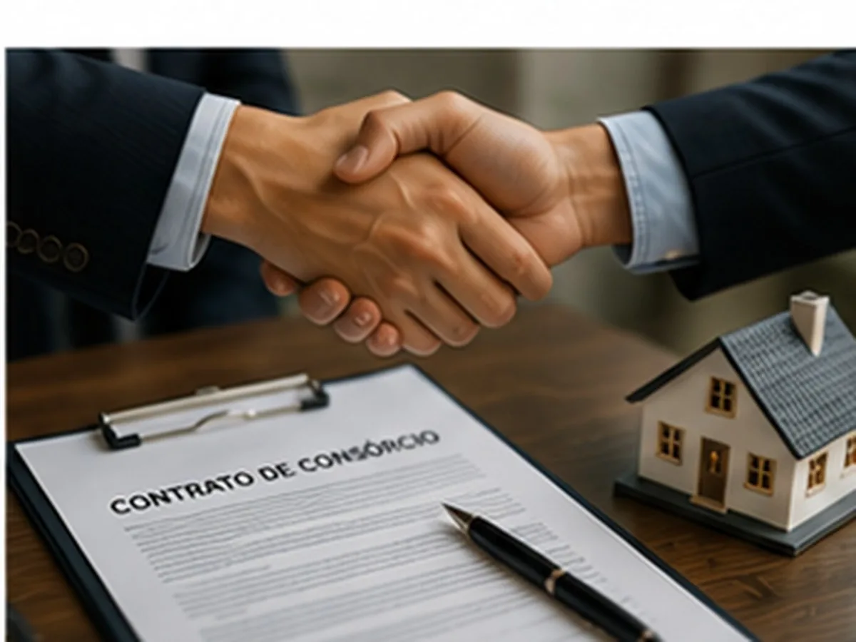 Quem pode usar FGTS no consórcio | Consórcios Campo Grande Aperto de mãos sobre uma prancheta com contrato de consórcio, caneta e miniatura de casa na mesa