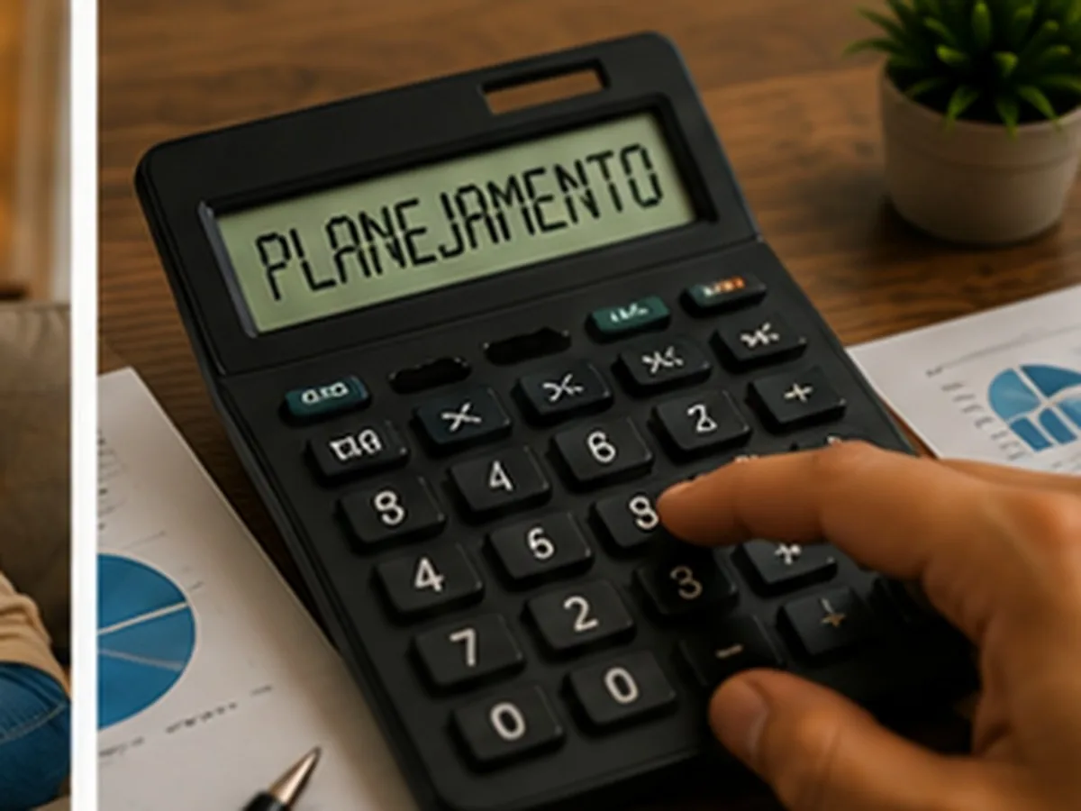 Fundo comum do consórcio | Consórcios Campo Grande Mão usando calculadora com a palavra planejamento no visor, ao lado de papéis com gráficos de pizza e um vaso de planta