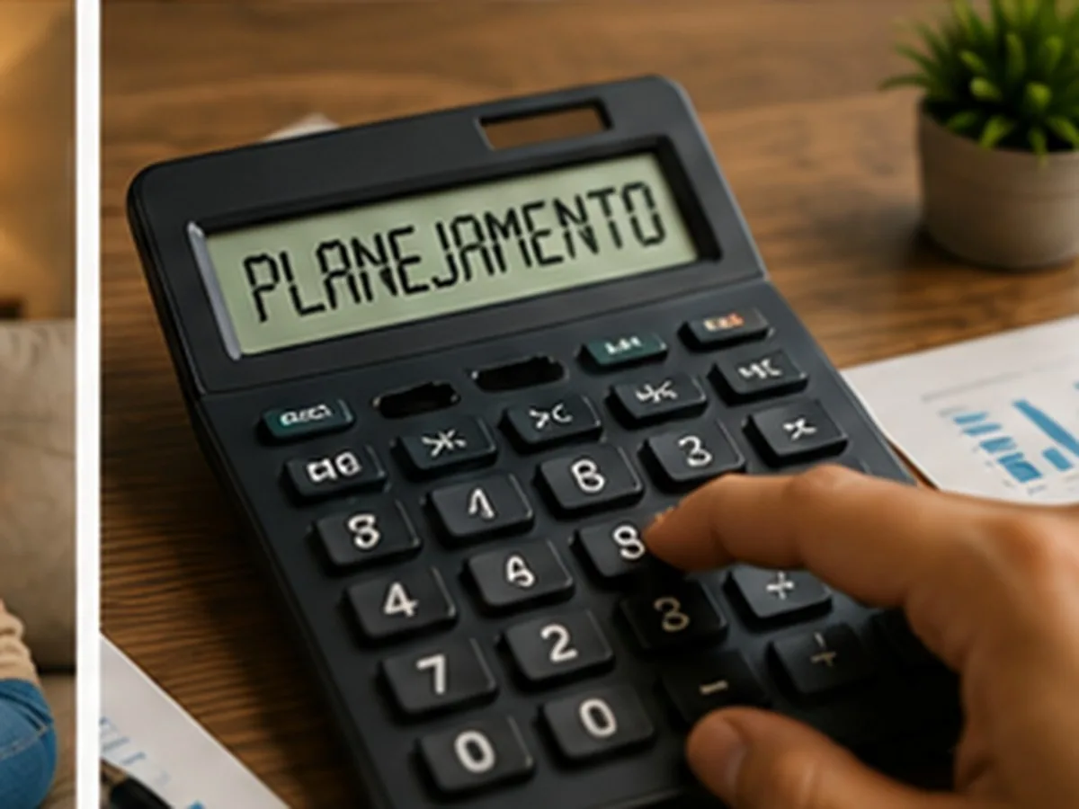 Consórcio com parcela reduzida | Consórcios Campo Grande Mão digitando em calculadora com a palavra planejamento no visor, sobre mesa de madeira com papéis e um vaso de planta