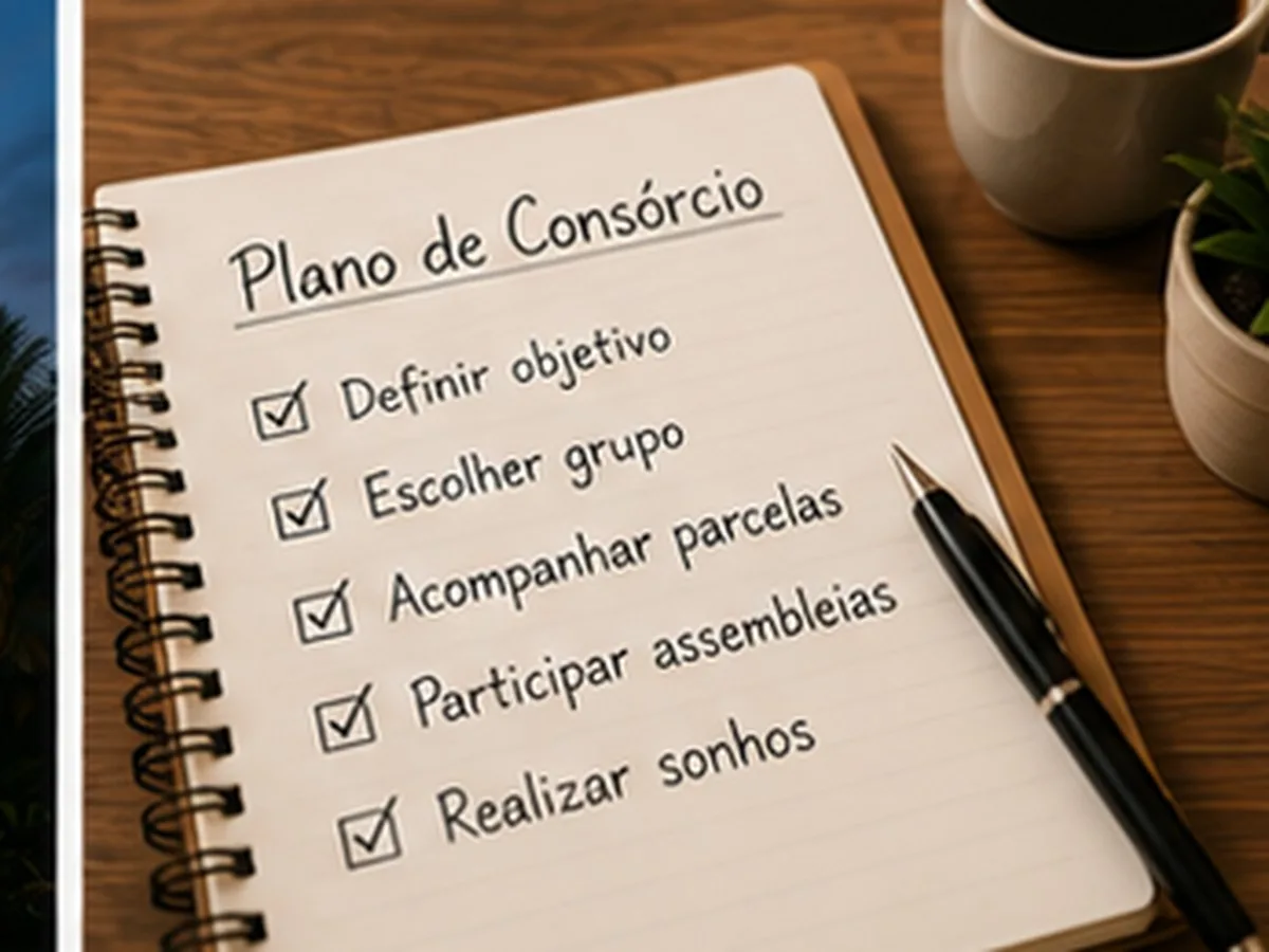 Glossário do consórcio | Consórcios Campo Grande Caderno aberto com a lista plano de consórcio: definir objetivo, escolher grupo, acompanhar parcelas, participar de assembleias
