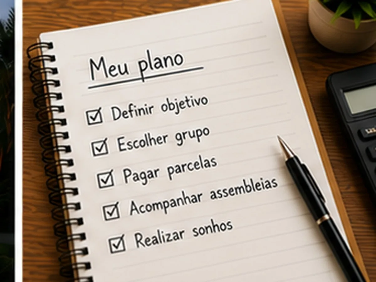 Antecipar parcelas do consórcio | Consórcios Campo Grande Caderno com lista manuscrita intitulada meu plano, com itens marcados como pagar parcelas e acompanhar assembleias, plano para antecipar parcelas do consórcio