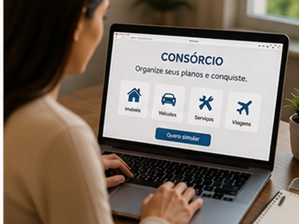 Consórcio Klubi: dados públicos e comparação em Campo Grande MS | Consórcios Campo Grande Mulher usando notebook com página de consórcio na tela, com ícones de imóveis, veículos, serviços e viagens e botão de simulação