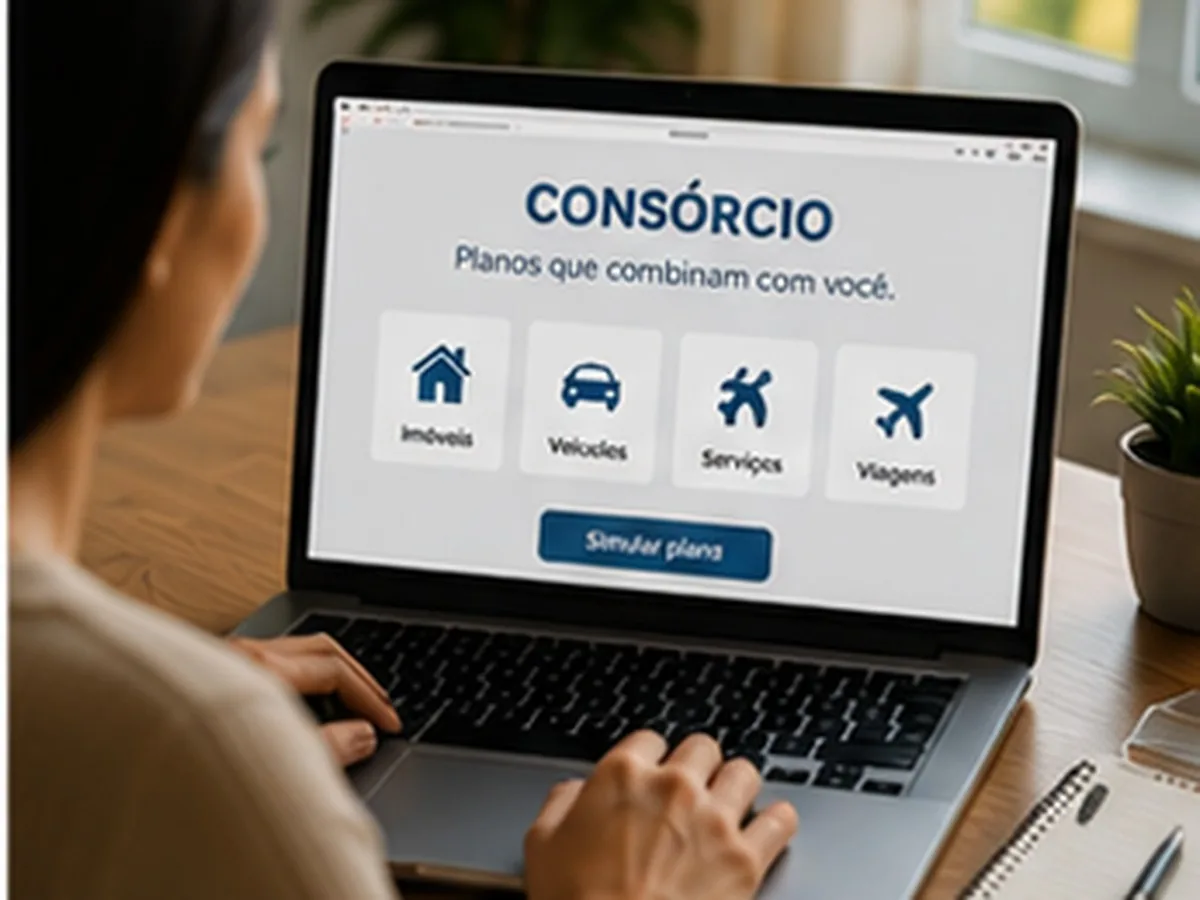 Simulação consórcio Caixa em Campo Grande MS | Consórcios Campo Grande Pessoa usando notebook com tela de simulação de consórcio e ícones de imóveis, veículos, serviços e viagens, em mesa com caderno e planta