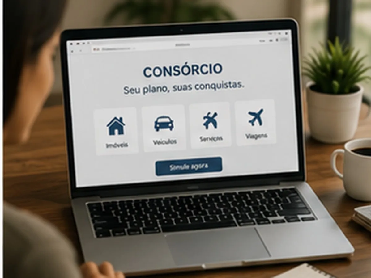 Simulação de Consórcio Honda em Campo Grande MS | Consórcios Campo Grande Pessoa diante de notebook com página de consórcio aberta, mostrando opções de imóveis, veículos, serviços e viagens e um botão de simulação, com café e planta na mesa