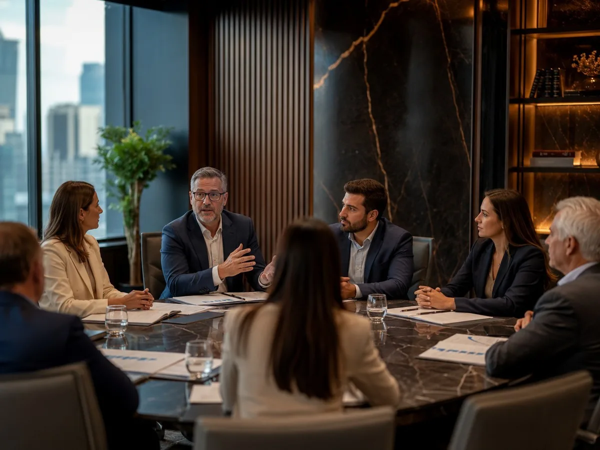 Trocar de grupo de consórcio | Consórcios Campo Grande Grupo de pessoas reunidas em torno de uma mesa de reunião em escritório com vista para prédios, conversa sobre trocar de grupo de consórcio
